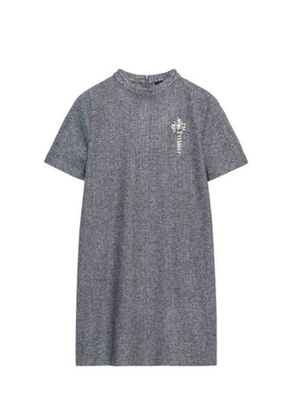Zara Grey Short-Sleeve Knit Dress with Crystal Chest Accent